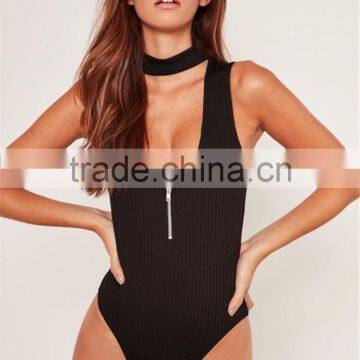 MGOO 2017 Wholesale Zip Up Front Black Bodysuits Ribbed Chocker Neck Fashion Cheap Sleeveless Blouses Custom Design photo-4