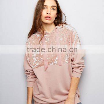 Women Oversized Loose Pockets Sides Crushed Velvet Panel Yoke Hoodie Pink Drop Shoulder Cotton Pullover photo-3