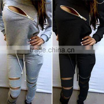 New arrive Womens sexy Zipper Tracksuit Hoodie Sweatshirt+Pants Casual Hip Pop Sportwear