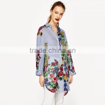Designer Office Women Wear Floral Print Long Sleeve Striped Shirt photo-6