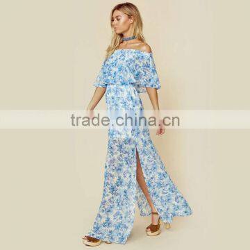 Peony Blue Floral Mumu Dresses 2018 Womans off Shoulder Maxi Dress photo-3