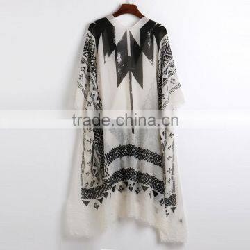 2017 Best Polyester & Cotton Women Long Cardigan Mid-long Style Printed Abstract Pattern White and Black photo-5