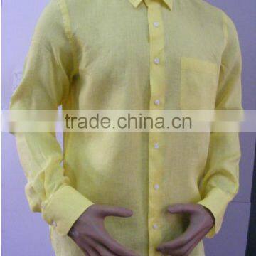 Men's Yellow Linen Shirt With Long Sleeve and One Chest Pocket photo-2
