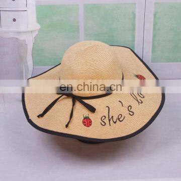 Ladybug Letters Embroidery Straw Hat Large Eaves Sunscreen Beach Hat photo-2