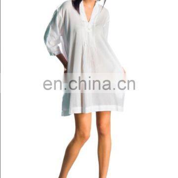 White color wholesale cheap short size 100% cotton women tunic 2016 USA beach wear