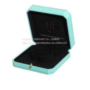 Wooden jewelry box covered with light green  special paper outside and hot stamping gold color logo.