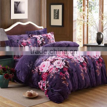 Wholesale alibaba China purple luxury European size duvet covers flower pattern flannel fleece bed cover sets