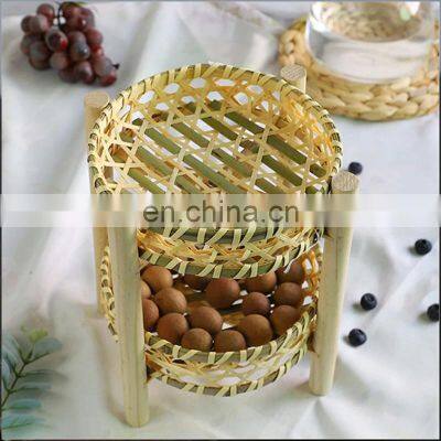 Hand Woven Storage Basket Round Bamboo Basket With Wooden Leg Double Layer Platter Tray photo-5