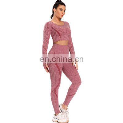 2 piece gym set women seamless long sleeve crop and leggings yoga gym wear set