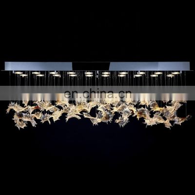 Custom Rectangle Art Glass Leaf Led Chandelier for Dining Table