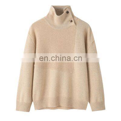 Custom Women's 100% Cashmere Turtleneck Pullover Solid Knit Casual Winter Sweater with Buttons