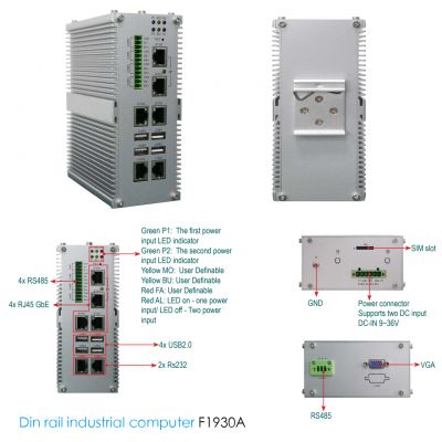 Din rail Industrial computer with 4 GbE Rj45 2 RS232 5 RS485