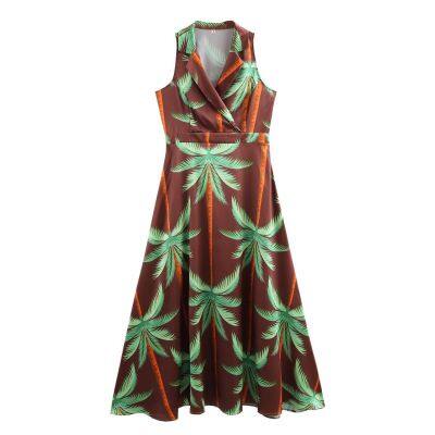 Novo produto da Primavera de 2025, vestido sem mangas estampado com colarinho de terno feminino no estilo europeu e americano