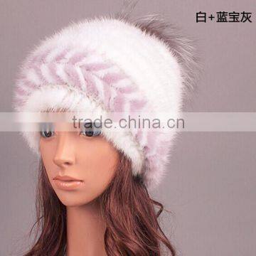 High Quality Women Real Mink Fur Hat With Fox Fur Pom Pom Top