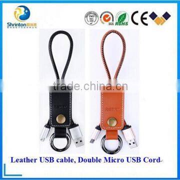 Double Micro USB cord leather data cable for samsung galaxy s6 htc mobile phones