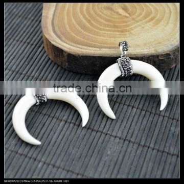 LFD-0054P ~ White Color Bull Bone Druzy Pendant, with Crystal Rhinestone Paved Crescent Moon Horn Pendants Jewelry Finding