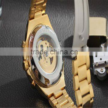 2016 New Hot Sale Skeleton Hollow Fashion Mechanical Self Wind Men Luury Male Business Gold Stainless Steel Strap Wrist Watch photo-5
