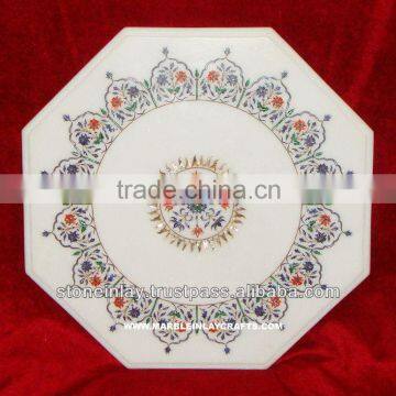 White Marble Stone Inlaid Antique Coffee Table Top Pietra Dura