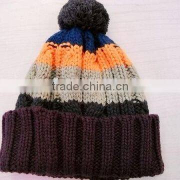 fashion acrylic stripe knitted hat with pompon