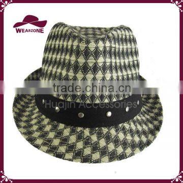 PU Band & Rivets Men's Small Check Pattern Fedora