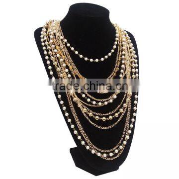 New European And American Big Exaggeration Handmade Pearl Multilayer Alloy Chain Necklace