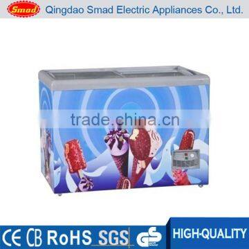 355L commercial flat glass door compressor chest/deep freezer , manual defrost chest freezer