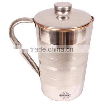 Handmade Steel Copper Jug Pitcher with Lid - 2000 ML Water Storage Good Health Benefits Yoga, Ayurveda