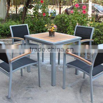 5pcs outdoor rattan furniture wooden dining table with 4 aluminum garden chairs