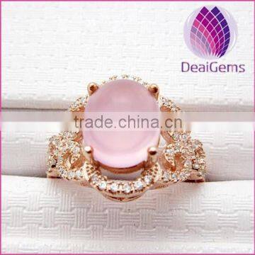 2015 wholesale Rose gold plated 925 sterling silver rose quartz ring with CZ pave setting