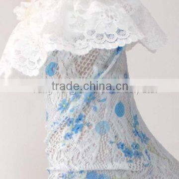 Roller Printing Women Blue Floret Ruffle Lace Socks