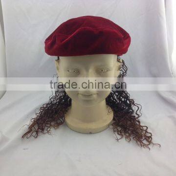 Children Red Beret With Wig Kid Girl Cap With Periwig