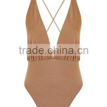 elegant sexy plunge straps Cross Back slinky jersey wrap bodysuit tops
