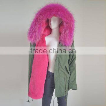 Myfur Long Parka with Rose Hot Pink Raccoon Fur Hood For Ladies