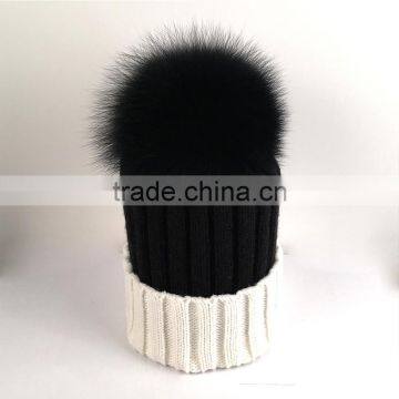 Myfur Classical Women Beanie Hat with Big Soft Real Fox Fur Pom Pom Knitting Cap