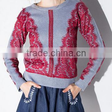 EY0905S Europe Style 2016 Women Fashion Lace Splice Pullover Sweaters