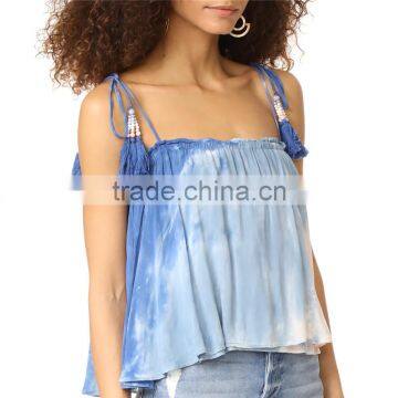 Hot Sleeveless Tie Dye Tassel Straps 2017 Blouse Women Summer photo-3
