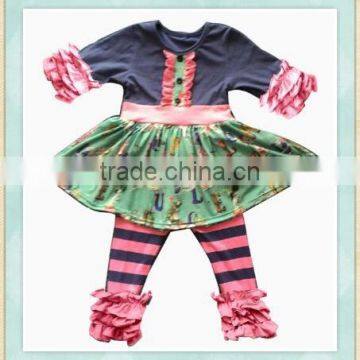 Wholesale fall boutique outfits ruffle 3/4 sleeve strips pants toddler girl clothes fresh style kids clothing