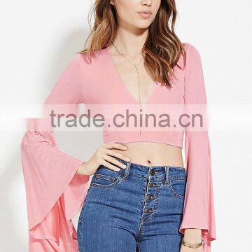 Women's Fashion Deep V Neck Sexy Trumpet Sleeve t Shirt Wholesale photo-3