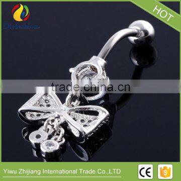 Stainless Steel Big CZ Bowknot Long Navel Ring