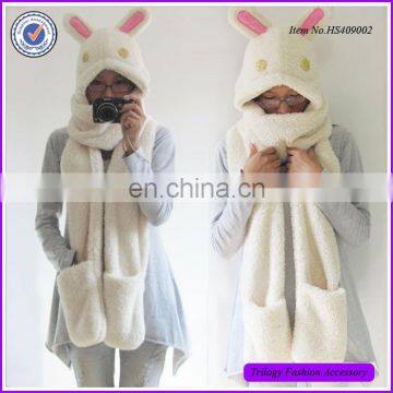 Cute Design Winter Fleece Earflap Hat Hooded Scarf With Rabbit Ears