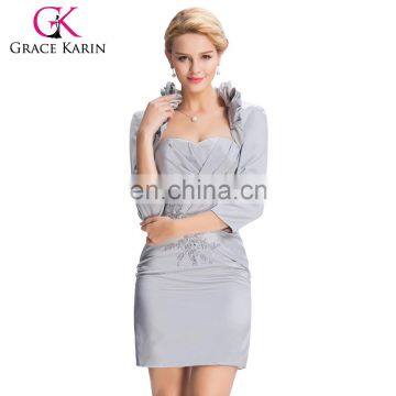 Grace Karin Two Pieces Grey Satin Long Sleeve Mother of The Bride Dresses With Jacket CL3826