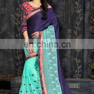 navy blue and sky blue colored velvet and lycra saree.