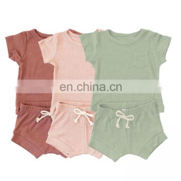 Plain Dyed Boutique Organic Cotton Knitted Ribbed Baby Pajamas Set Wholesale