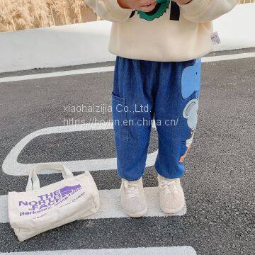 Autumn Boy Baby Korean Version of Trousers for Children Cartoon Printed With Foreign Style Children With Velvet Jean Trousers photo-2