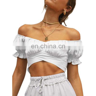 Women's Ruffle Short Sleeve Tie Up Back Crop Top Off Shoulder Bardot Blouse