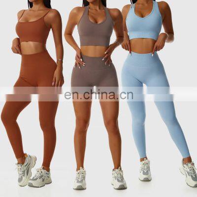 4 Pcs High Waist Yoga Shorts Seamless Set Custom Tights Sexy Bra Breathable Leggings For Women