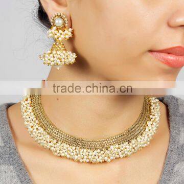 Indian Fabulous Gold Tone Pearl Stone Polki Necklace Set Jewelry for Women Wedding photo-1