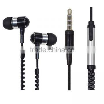 Metal earphone with zipper type cable and on-cord control for mobile phone