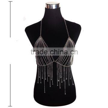 Multi Chain Necklace Long European And American Big Exaggerated Alloy Body Chain Tassel Silver Crystal Necklace photo-3