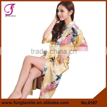 0107 Directly Factory Wholesales Woman Peacock Printed Dressing Gown Silk Kimono